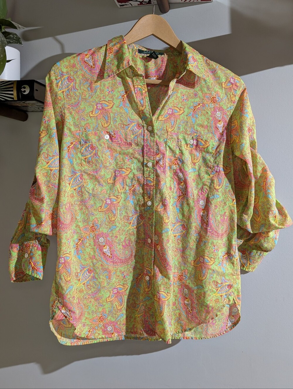 Lauren Ralph Lauren | Green Paisley Button Down Cotton Long Sleeve Top | Medium